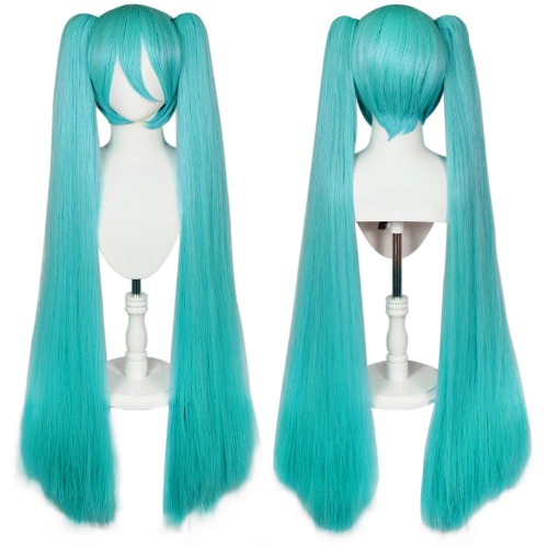 Ebingoo Green Wig with Bangs for Women with Two Detachable Ponytails + Wig Cap Long Straight Synthetic Green Cosplay Wig for Halloween Costume Party