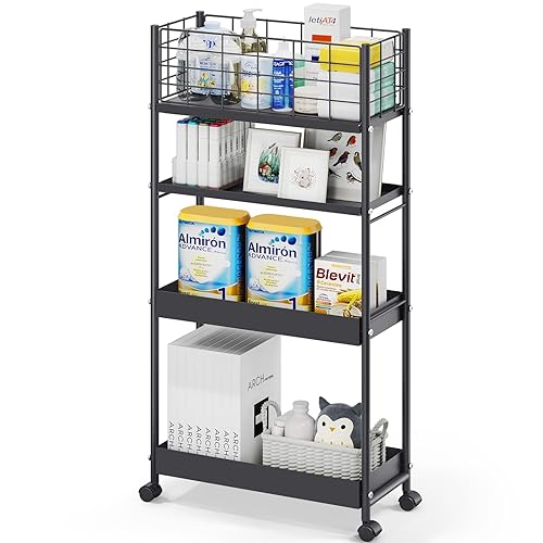 KINGRACK Slim Storage Cart, 4-Tier Metal Utility Rolling Cart with Wheels,Bathroom Organizer, Skinny Rolling Trolley, Mobile Shelving Unit for Office, Laundry Room, Narrow Place, Black - Black - 4-Tier