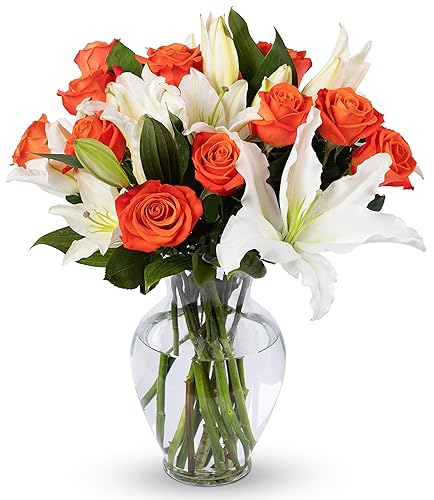 Benchmark Bouquets Orange Roses & Lilies, Glass Vase Included, Gift Fresh Flowers for Birthday, Anniversary, Get Well, Sympathy, Congratulations, Thank You, Just Because - Orange