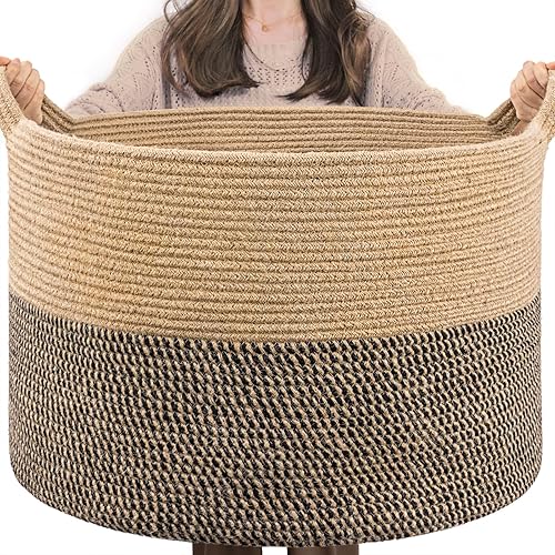INDRESSME Extra Large Woven Baskets for Storage, 21.7 x 13.8 Blanket Basket Wicker Laundry Basket for Organizing Toy Pillow Shoe for Entryway &Living Room , Black Jute - Black & Jute