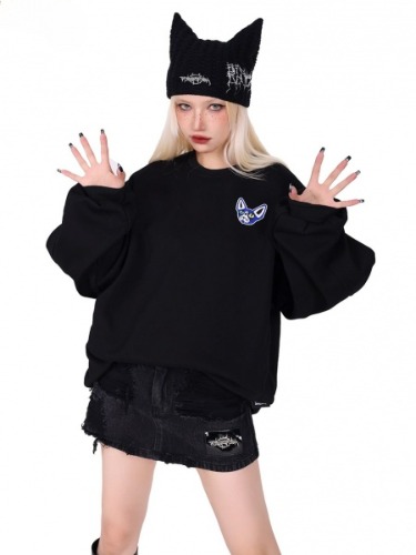 [$67.25]Cat Embroidery Black Sweat Shirt