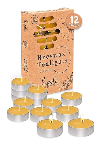 HYOOLA Beeswax Tealight Candles in Aluminum Cup - 12 Pack - 100% Pure Natural Beeswax Candles - Yellow - 12-Pack