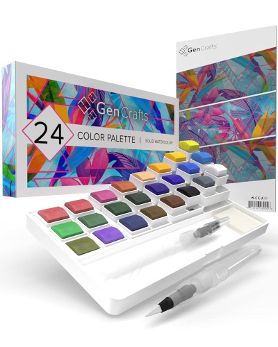 GenCrafts Watercolor Palette with Bonus Paper Pad 24 Premium Colors - 2 Refilable Water Brush Pens - 15 Sheets of Water Color Paper - Portable Painting - 