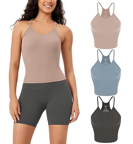 ODODOS Women's Crop 3-Pack Washed Seamless Rib-Knit Camisole Crop Tank Tops - Charcoal+dusty Blue+bark (Waist Length) - X-Small-Small