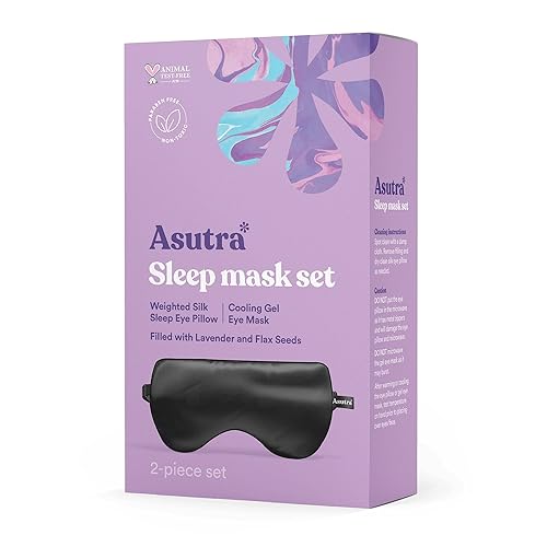 ASUTRA Silk Eye Pillow for Sleep, Black - Filled w/Lavender Buds & Flax Seeds, Weighted Eye Mask, Meditation & Light Blocking Blindfold, Cooling Gel Mask Included