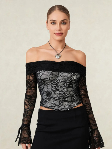 Black Alt Gothic Lace Off The Shoulder Crop Top - Black / S