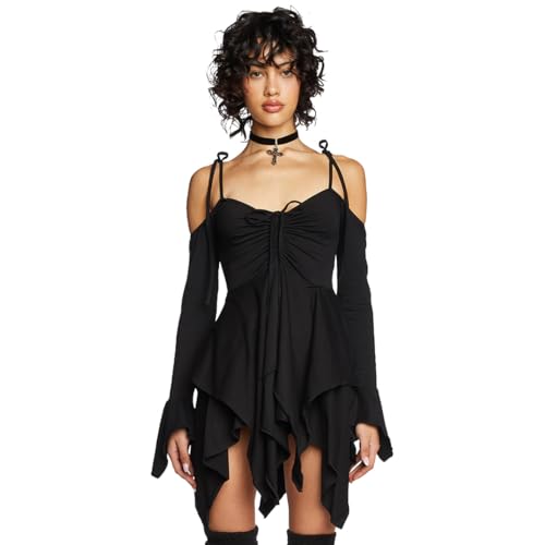 Dolls Kill F is for Fairies Handkerchief Dress by Current Mood - Off-Shoulder, Custom Fit Dress for Fairycore Fashion - XX-Small - Black