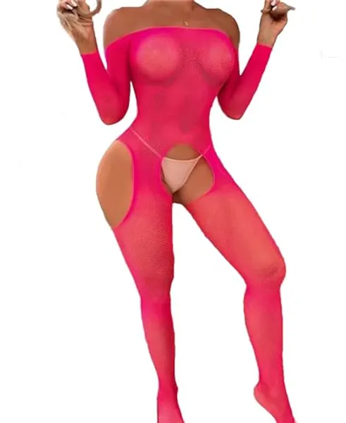SEXYTINE Women's Long Sleeve Open Low Cut Body Stocking Women's Mesh Bodystocking Off The Shoulder Fishnet Bodysuit