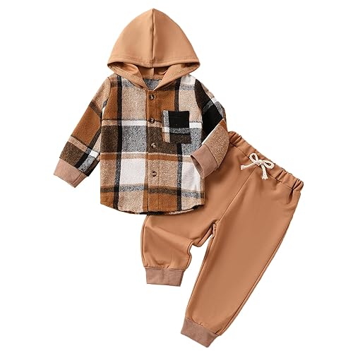 LIOMENGZI Infant Baby Boys Hooded Clothes Set Dinosaur Print Color Block Sweatshirt Pants Set Toddler Boy Fall Winter Outfit - Chocolate - 12-18 Months