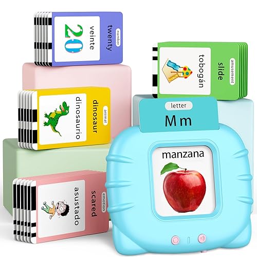 Eaever Spanish English Bilingual Learning Toys, Educational ABC Talking Flash Cards with 520 Sight Words, Autism Sensory Toys, Toddler Toys for 2 3 4 5 6 Year Old, Easter/Xmas/Birthday Gift, Blue - Bilingual Version(abc+123-520 Words)Blue