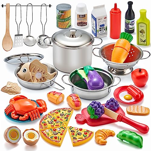 Kidsciety Pretend Play Kitchen Accessories, 52pc Kids Kitchen Playset with Play Food, Stainless Steel Cookware, Kitchen toys Pots and Pans, Toddler Kitchen Set with Cuttable Toy Food, Boys Girls Gift