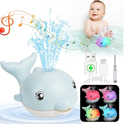 2024 Upgraded Bath Toys, Rechargeable Baby Bath Toys, Dolphin Spray Water Light Up Musical Toys 6-12 12-18 Months, Sprinkler Water Pool Bathtub Toys for Toddlers 1-3 2-4 Boys Girls Infant Kids - Blue - Blue