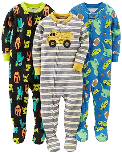 Simple Joys by Carter's Toddlers and Baby Boys' Snug-Fit Footed Cotton Pajamas, Pack of 3 - 12 Months Blue/Navy/Grey, Trucks/Dinosaur/Monster