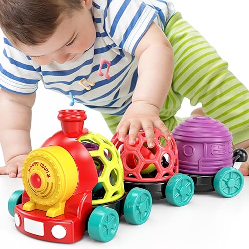 MOONTOY Baby Toy Train, Infant Rattles Car Toys for 6 7 8 9 10 11 12 Month Old Boy Christmas 1st Gift, Baby Stocking Stuffers 6-12 12-18 Months Developmental Cause Effect Musical Sensory Push Go Truck - E - 3 in 1 Set