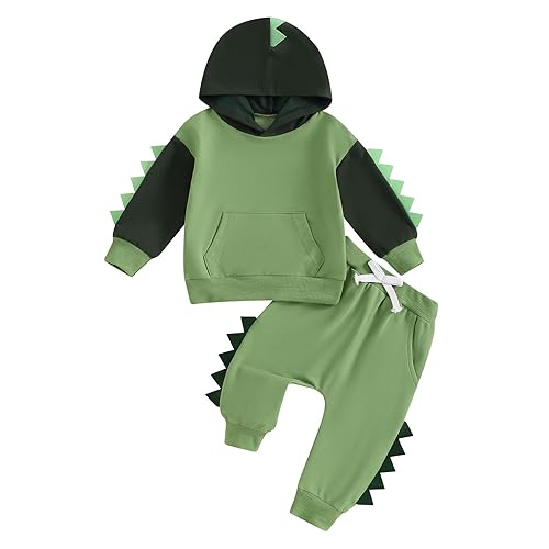 LIOMENGZI Infant Baby Boys Hooded Clothes Set Dinosaur Print Color Block Sweatshirt Pants Set Toddler Boy Fall Winter Outfit - Green Black - 12-18 Months