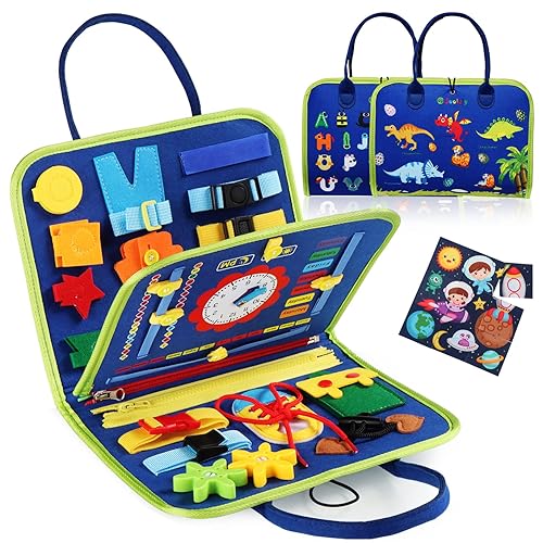 Guolely Busy Board Montessori Toy for 1 2 3 4 Year Old Toddlers - Educational Activity Developing Sensory Board for Fine Basic Dress Motor Skills - Travel Toys for Plane Car, Gift for Boys Girls - Blue