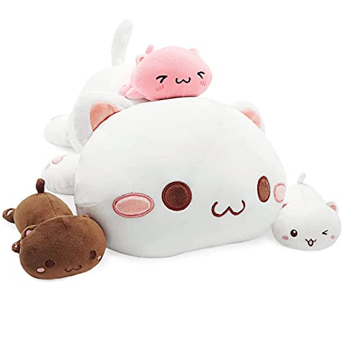 Onsoyours Cat Stuffed Animal Mommy 19.7" with 3 Kitty Plushies, 4 Piece of Cute Cat Plush Pillow Toys for Kids Girls Boys (White Cat Family) - White Cat Family