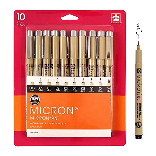SAKURA Pigma Micron Fineliner Pens - Archival Black Ink Pens - Pens for Writing, Drawing, or Journaling - Assorted Point Sizes - 10 Pack - Black - 1 Count (Pack of 10) - Ink Pen Set