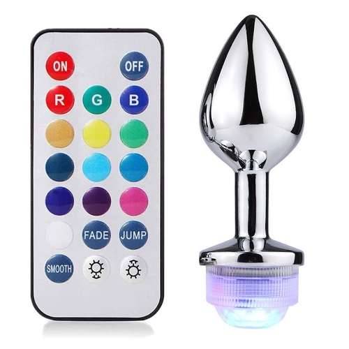 Metal Plug with LED Light Remote Control Stainless Steel Butt Plug Sex Toys for Couples No Vibrator. Glow in The Dark（Material Safe） - L $32.62