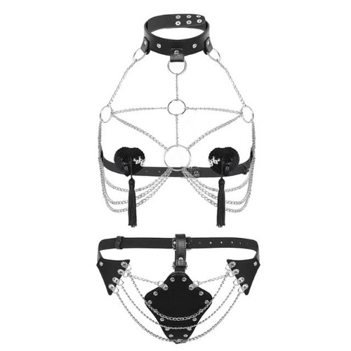 'All the way' Sexy Goth Faux Leather and Silver Chain Body Harness Set