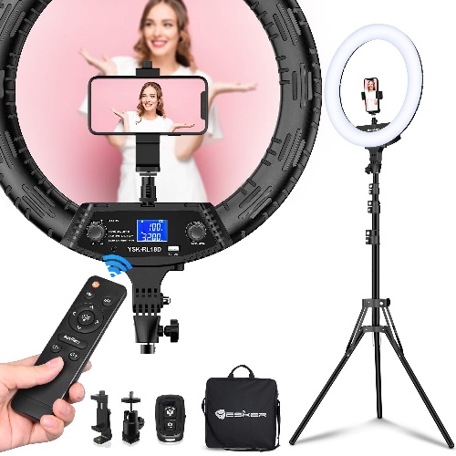 Yesker Ring Light 18" Wireless Remote LCD Screen with Tripod Stand 65W LED Ringlight Bi-Color 3200-5500K CRI≥95 for YouTube Portrait Live Stream Photography Tiktok Video Zoom Meeting Online Teaching