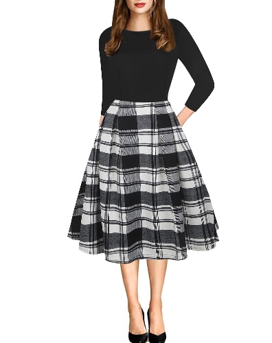 oxiuly Women's Vintage Casual Scoop Neck Patchwork Pockets Party Swing Dress OX165