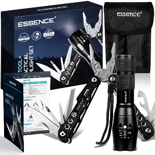 essence’ Multi Tool Pliers & Led Tactical Torch Set - Bright Powerful Zoom Focus Flashlight - 15in1 Stainless Steel Portable Pocket Multi-tool - Perfect Hand Tools for Camping DIY Outdoor Survival Kit