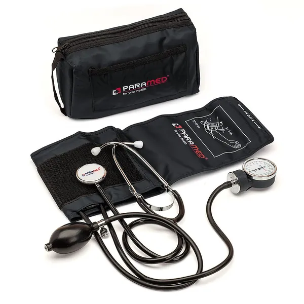 Manual Blood Pressure Cuff by Paramed – Professional Aneroid Sphygmomanometer with Carrying Case – Adult Sized Cuff – BP Monitor Set with Stethoscope (Black)