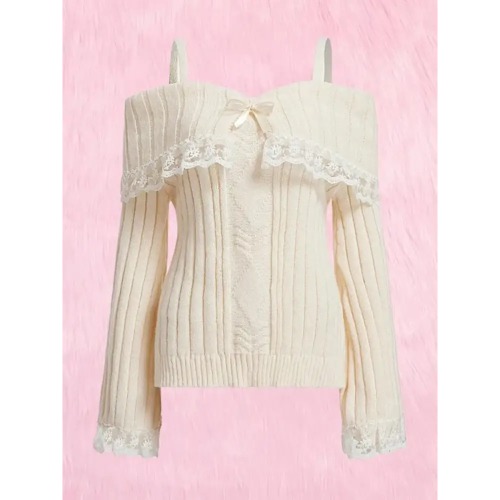 Pink Knit Princess Sweater with Off-the-Shoulder Design and Accents - White / M
