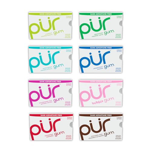 PUR Gum | Aspartame Free Chewing Gum | 100% Xylitol | Natural Flavoured Gum, Variety Pack, 9 Pieces (Pack of 8)
