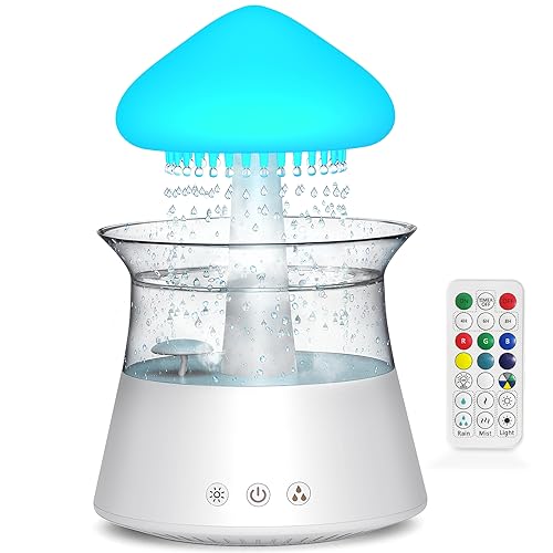 Diffuserlove Rain Cloud Humidifier Diffuser Water Drip Humidifier with Remote Waterfall Lamp Mushroom Humidifier Rain Sounds White Noise Humidifier Air Humidifiers for Bedroom Desk (White) - White