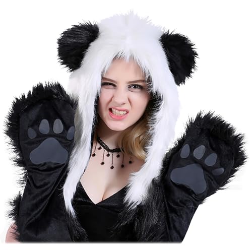 Winter Faux Fur Fluffy Furry Animal Hood Hat with Ears Scarf Paws Prints Pocket Mittens Gloves 3 in 1 Combo - Panda