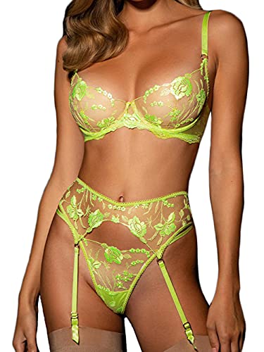 Kaei&Shi Garter Lingerie for Women,Embroidered Underwire Sexy Lingerie, High Waisted 3 Piece Lingerie Set - Neon Green - 10-12