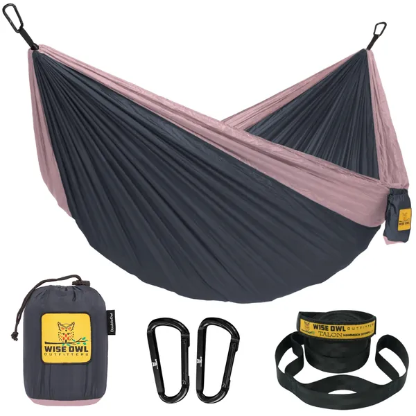 Wise Owl Outfitters Camping Hammock - Portable Hammock Single or Double Hammock Camping Accessories for Outdoor, Indoor w/ Tree Straps - Charcoal Rose Large