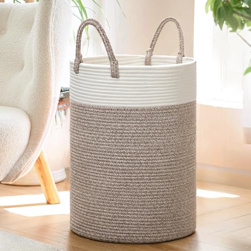 INDRESSME Large Laundry Basket - Tall Laundry Hamper for Dirty Clothes Cotton Rope Basket for Blanket in Living Room Woven Storage Basket Toy Basket for Nursery Storage, 19.7''H * 13.8''D - White & Brown - Slim (14"x20")