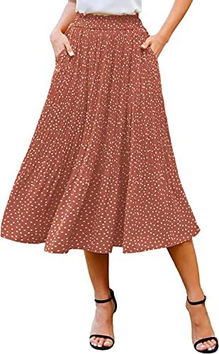 Zeagoo Womens Elastic High Waist Polka Dot Summer Pleated Skirt Boho Swing Casual Flowy Midi Skirt with Pockets - coffee - Medium