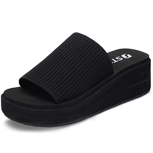 STQ Platform Sandals Women Cute Chunky Slides with Comfort Memory Foam - 8 - All Black