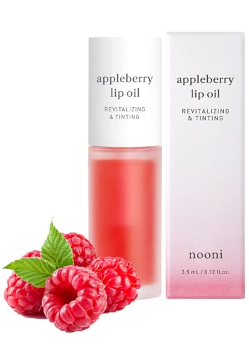 Nooni Korean Lip Oil - Appleberry | Gift, Moisturizing, Revitalizing, and Tinting for Dry Lips with Raspberry Fruit Extract, 0.12 Fl Oz - 01. Appleberry