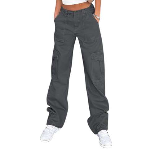 Lepunuo Cargo Pants for Women High Waisted Casual Pants Baggy Stretchy Wide Leg Y2K Streetwear Cargo Pants - Dark Grey - Medium