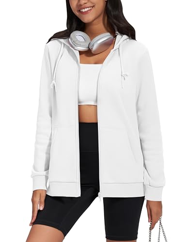TACVASEN Women's Fleece Hoodies Casual Lightweight Sweatshirt Full Zip Hooded Jacket with Pockets Sportswear - White - Medium