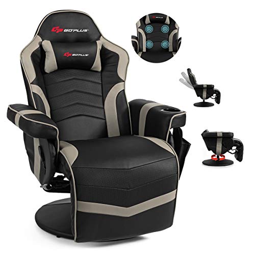 POWERSTONE Gaming Recliner Massage Gaming Chair with Footrest Ergonomic PU Leather Single Sofa with Cup Holder Headrest and Side Pouch, Adjustable Living Room Chair Home Theater Seating (Grey) - Height not adjustable - Grey