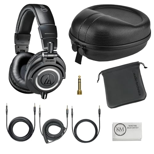 Audio-Technica ATH-M50x Professional Studio Monitor Headphones | Black Bundle with Full Sized Hard Body Headphone Case and Microfiber Cleaning Cloth (3 Items) - w/ Headphone Case