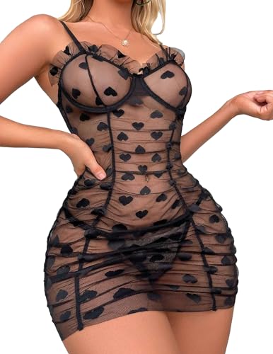 Alrovetoney Women's Mesh Lingerie Nightgown for Women Heart Mesh for Sex Naughty Babydoll Valentines Gift Lingerie - Black - Medium