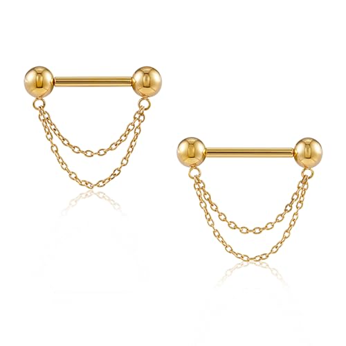 FINE4U 1 Pair Nipple Rings Titanium 14G 12mm 14mm 16mm - ASTM F136 Titanium Nipple Piercing Jewelry, Push in Straight Barbell with Chain, Threadless Nipple Bars - Ball with Chain - Gold - 1/2"(12mm)