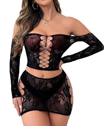 XIUSEMY Women Lingerie Set Sexy Bodysuit Two Piece Babydoll Chemise Nightwear - Black04 - One Size