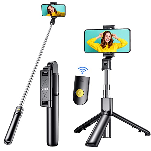 Gritin 3 in 1 Bluetooth Tripod, Extendable and Portable Selfie Stick with Detachable Wireless Remote & Stable Stand, Compatible with iPhone/Galaxy/Huawei, etc.