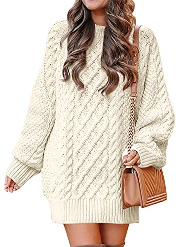 ANRABESS Women Crewneck Long Sleeve Oversized Cable Knit Chunky Pullover Short Sweater Dresses - Beige - Medium