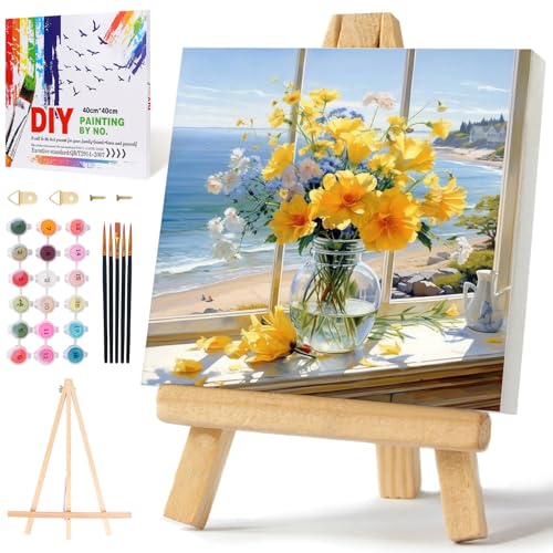 PRASIO Framed Paint by Numbers Kit for Adults Beginner with Easel, Flowers Adult Paint by Number Kits on Canvas Framed, DIY Acrylic Watercolor Oil Paint by Number with Frame for Home Decor 16x16 Inch