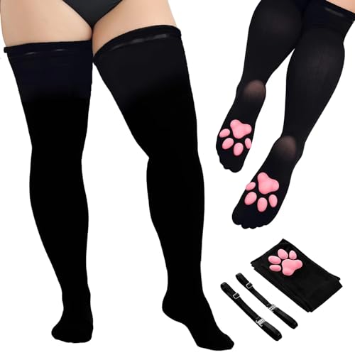 xbuk Plus Size Cat Paw Thigh High Socks，3d Kitten Claw Pad Socks Golves for Thick Thighs Cute Fat Girl Cosplay - 0-1 - Black