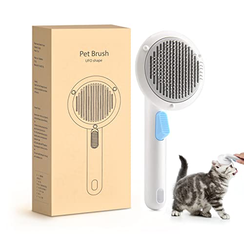 Cat Brush with Release Button: Cat Brushes for Indoor Cats Shedding - Self Cleaning Slicker Cat Hair Brush for Kitten Grooming Massage Remove Tangles and Loose Fur - White